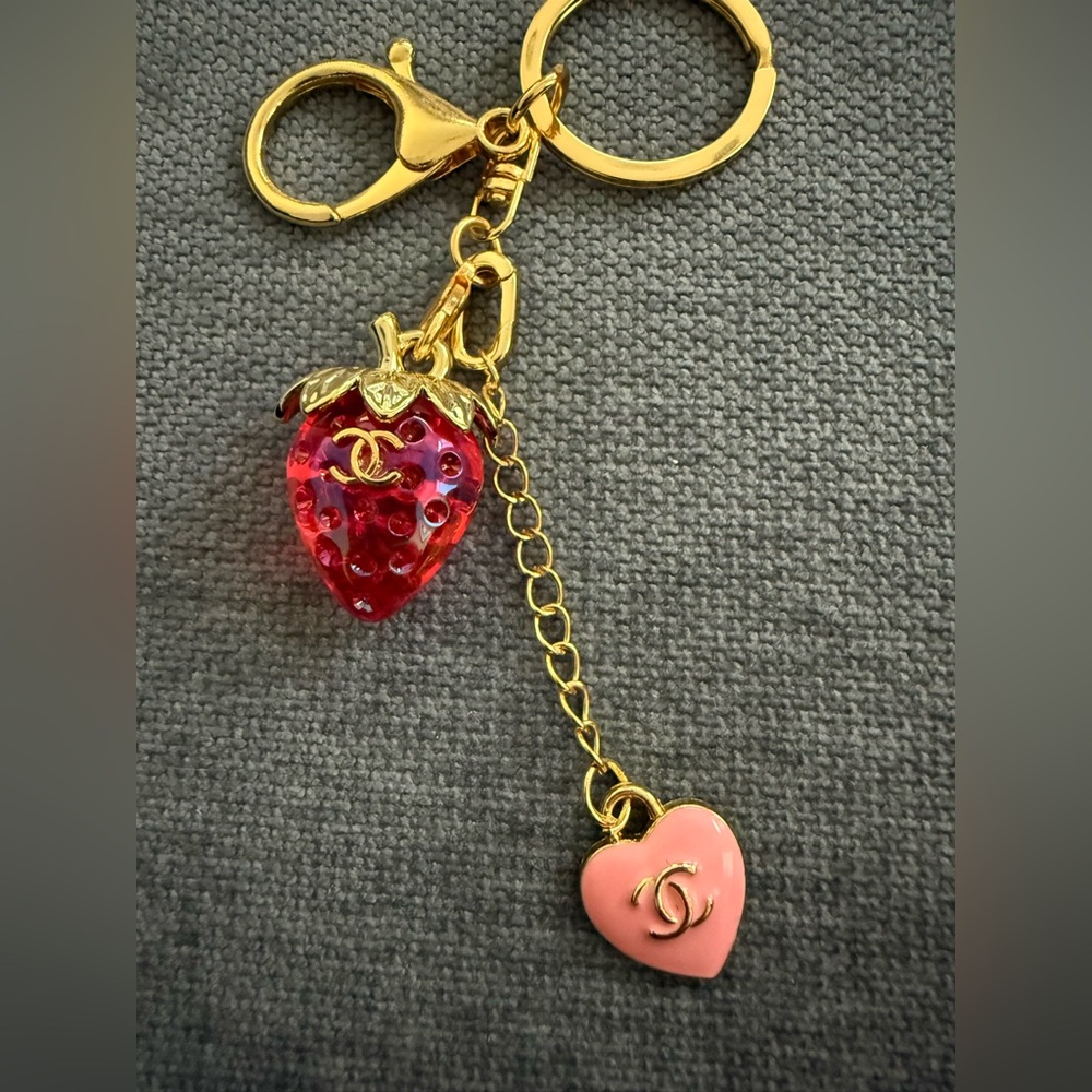 Gold Keychain with Red Strawberry and Pink Heart Charms